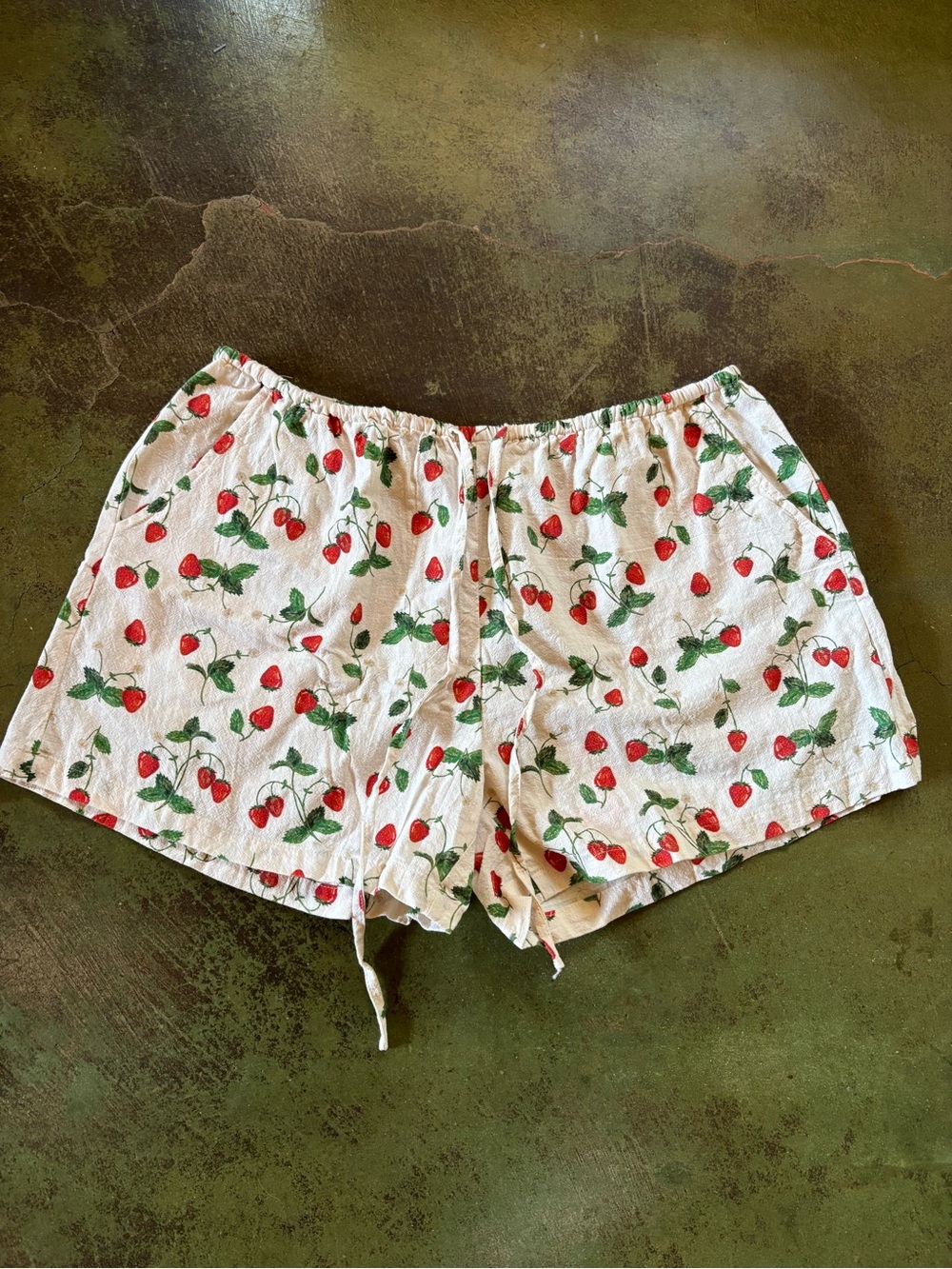 Strawberry Print Cotton Lounge Shorts - White & Red